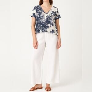 SAND & SUN Linen Blend Toile Print V-Neck Top | Size L | Coastal Resort